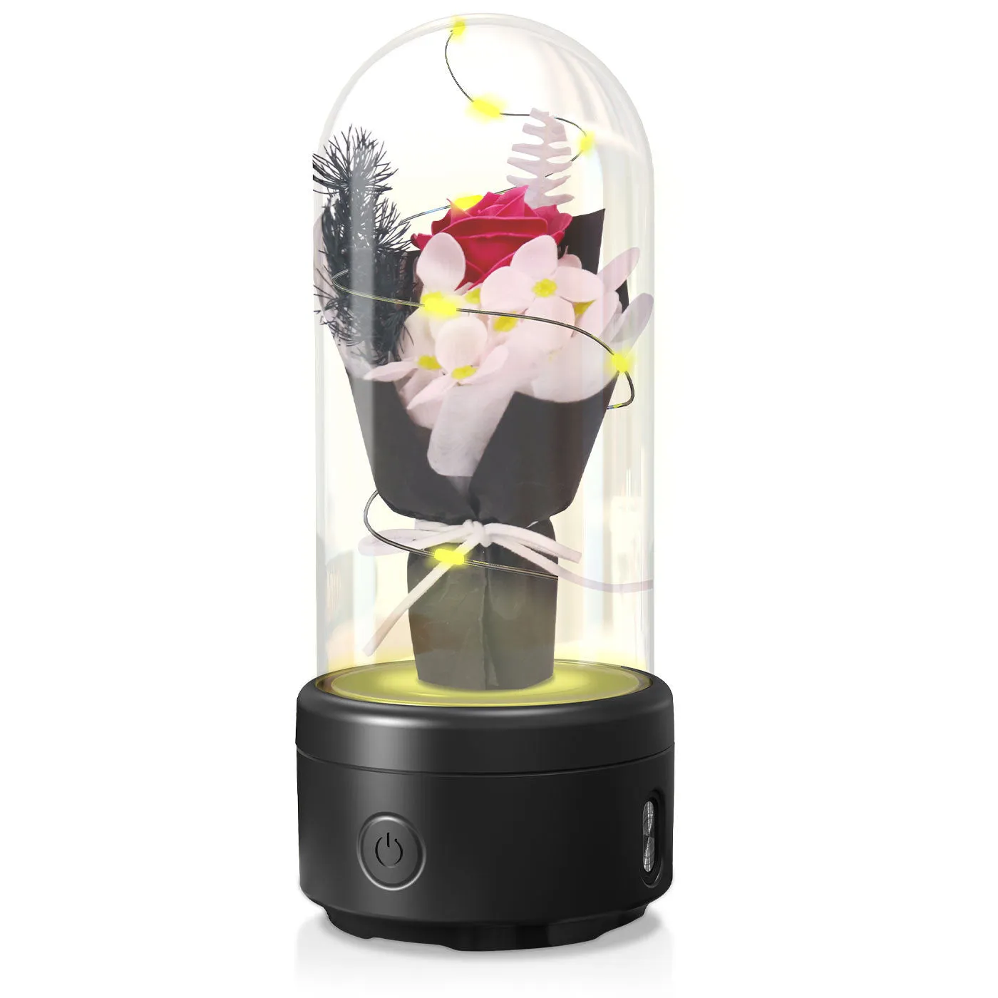 LED floral bouquet night light with Bluetooth speaker in glass cover showing multiple colour options