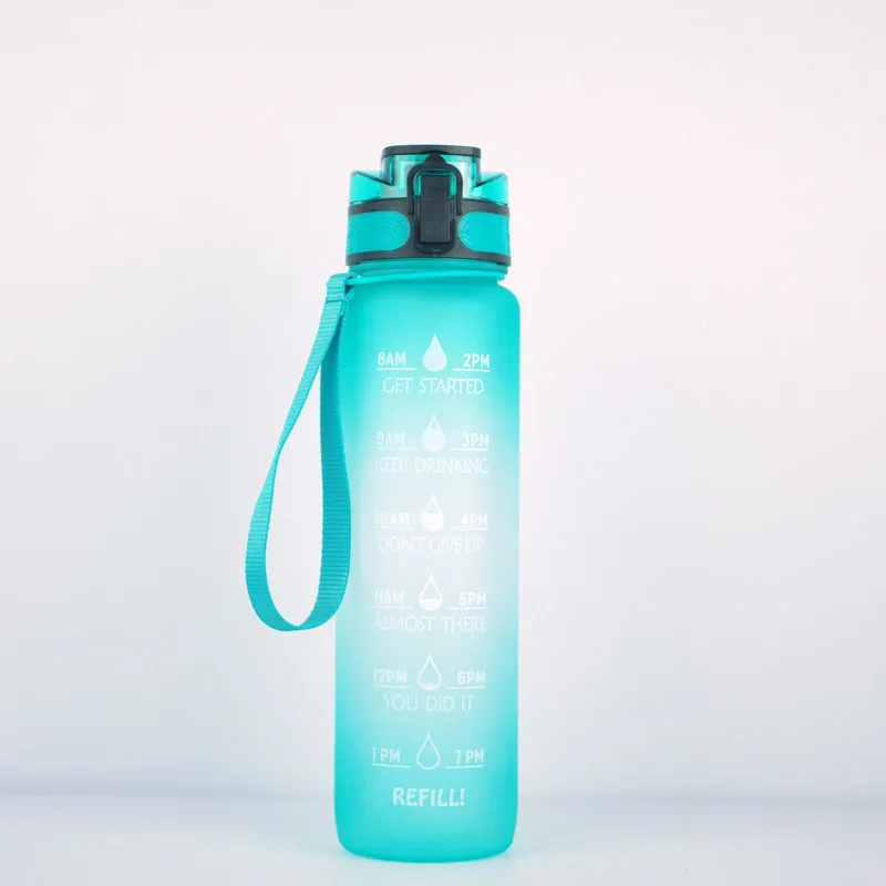 Clear plastic 1000ml sports water bottle with coloured lid and a fruit infuser straw inside.