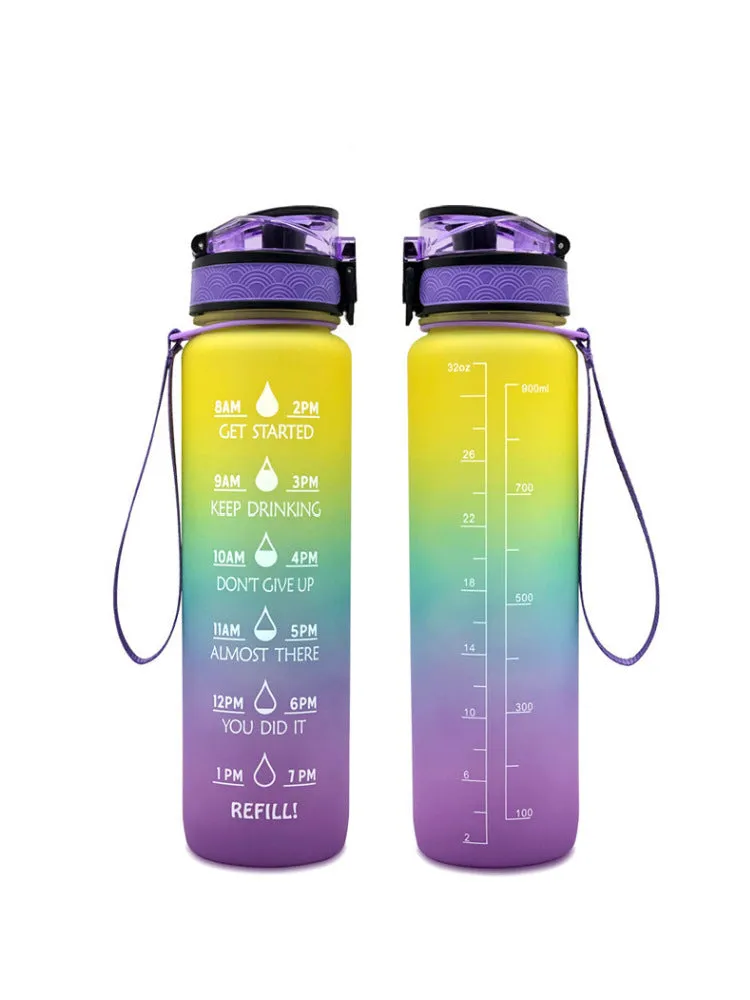 Clear plastic 1000ml sports water bottle with coloured lid and a fruit infuser straw inside.