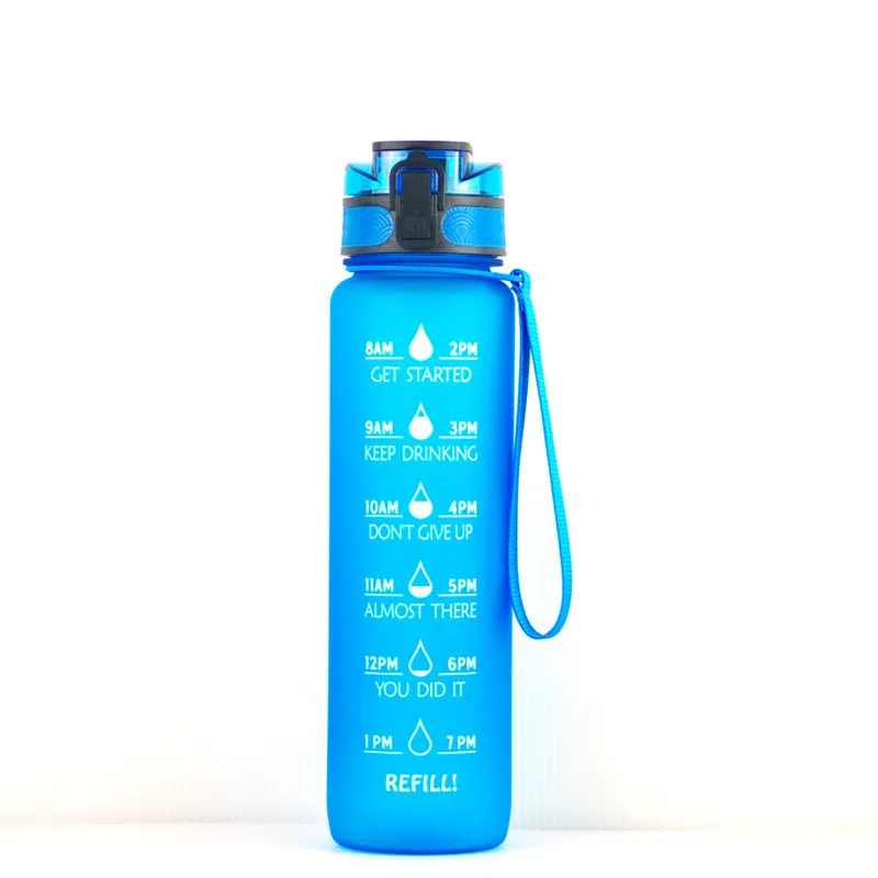 Clear plastic 1000ml sports water bottle with coloured lid and a fruit infuser straw inside.