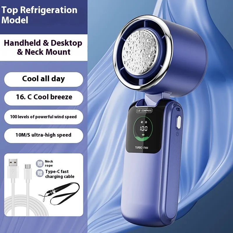 Blue USB rechargeable handheld electric fan with adjustable speed settings and folding design