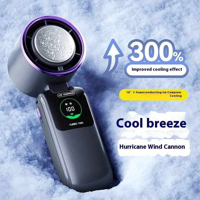 Blue USB rechargeable handheld electric fan with adjustable speed settings and folding design