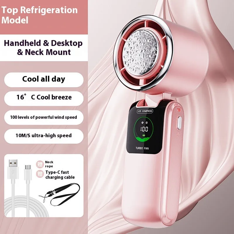 Blue USB rechargeable handheld electric fan with adjustable speed settings and folding design