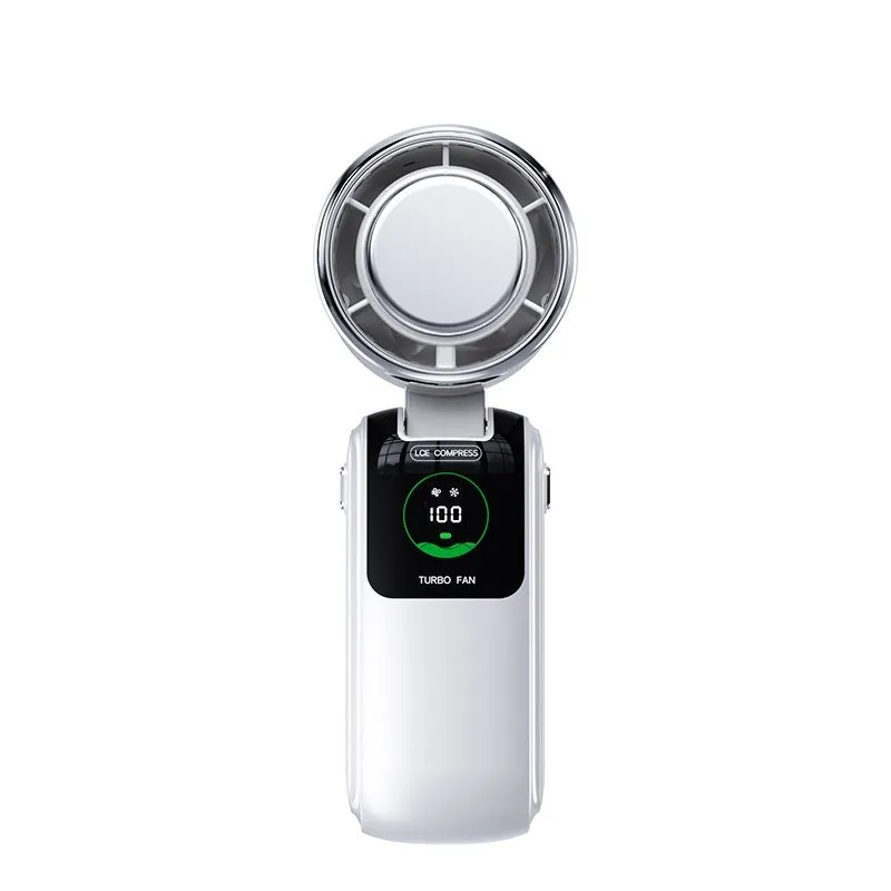 Blue USB rechargeable handheld electric fan with adjustable speed settings and folding design