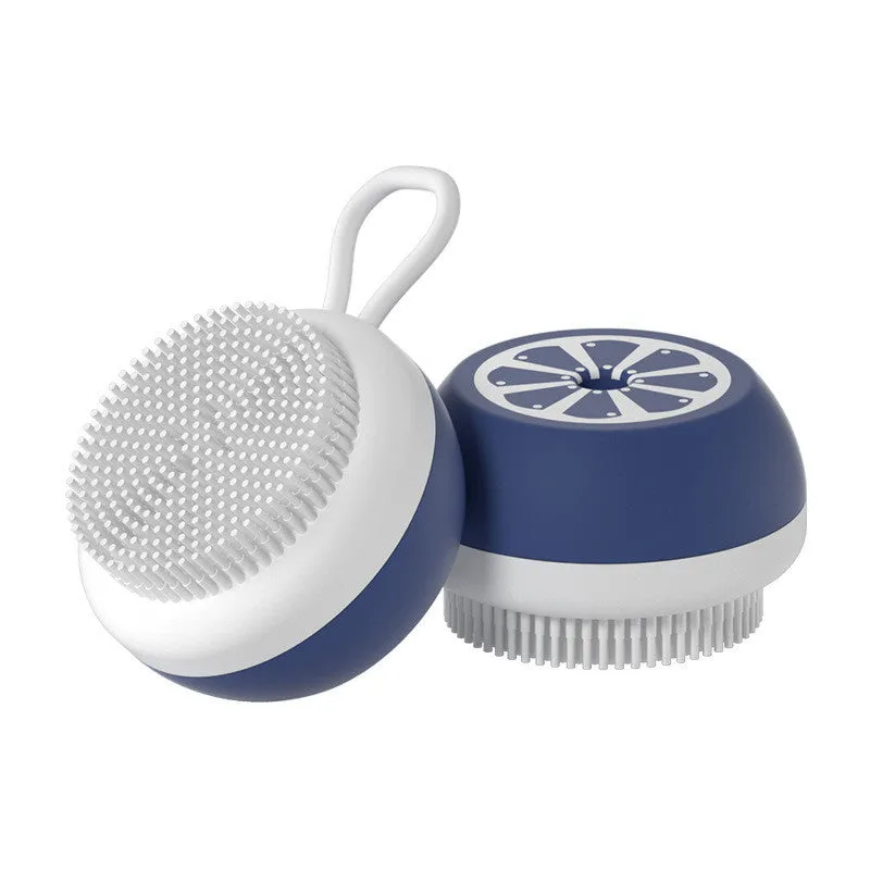Yellow silicone pet bath brush with massage heads and combed bristles for washing dogs or cats.