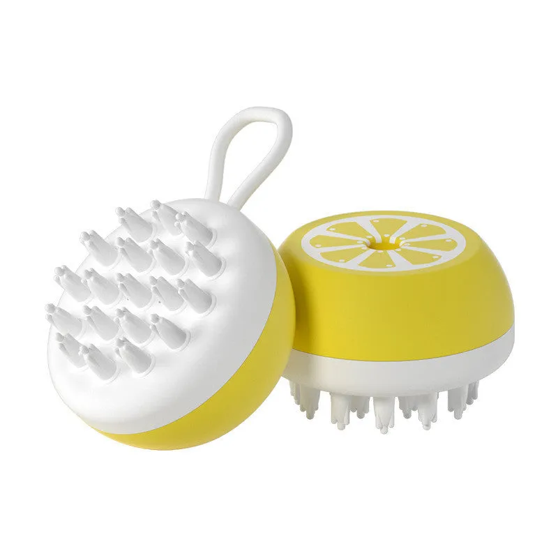 Yellow silicone pet bath brush with massage heads and combed bristles for washing dogs or cats.