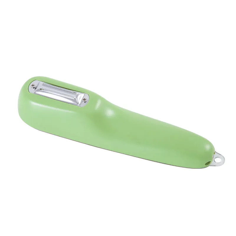 Dark green kitchen peeler with stainless steel blade stored in transparent tube case