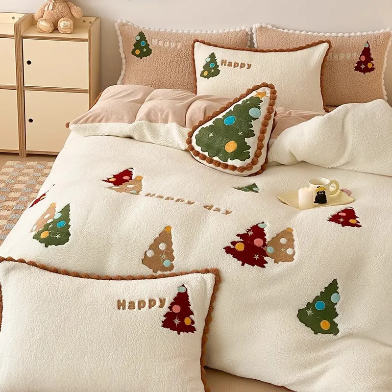 Bright yellow fleece-lined bedding set with embroidered Christmas tree pattern, shown on a double bed.