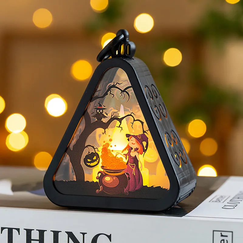 A Halloween decoration pumpkin lamp prop in plastic and glass, showing one of the four colour design options.