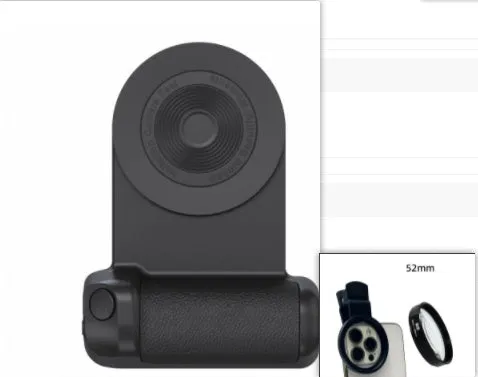 Black magnetic phone camera holder with rotatable bracket and ergonomic leather handle on a table.