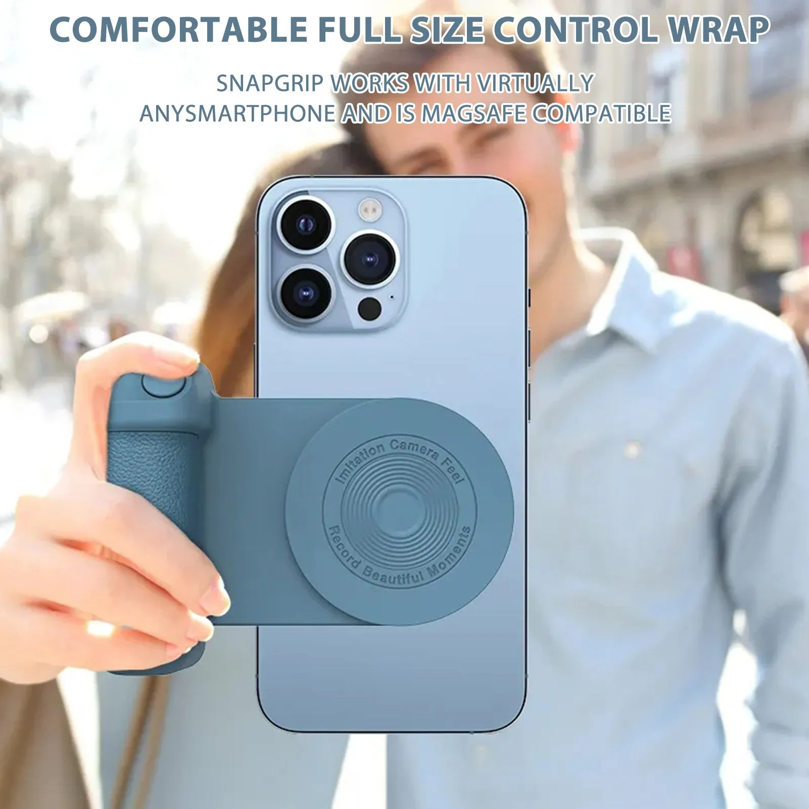 Black magnetic phone camera holder with rotatable bracket and ergonomic leather handle on a table.