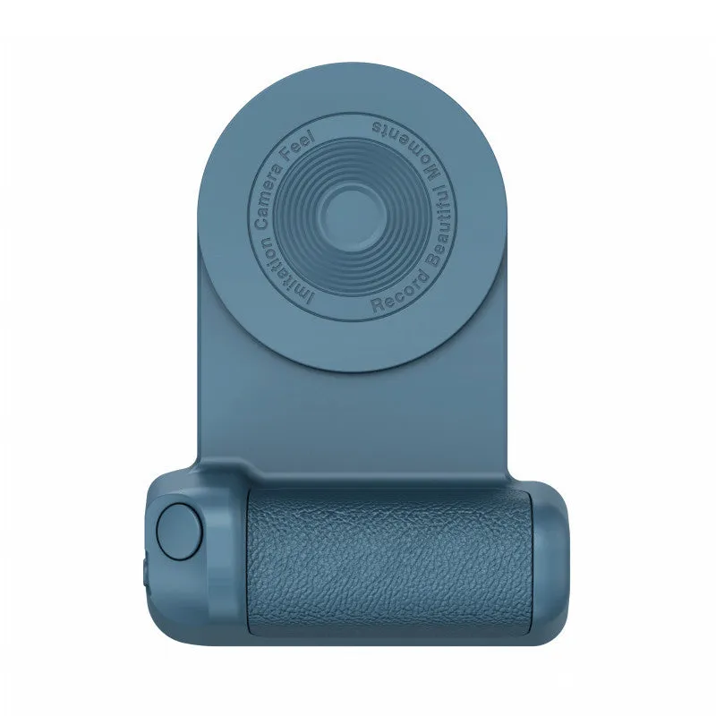 Black magnetic phone camera holder with rotatable bracket and ergonomic leather handle on a table.