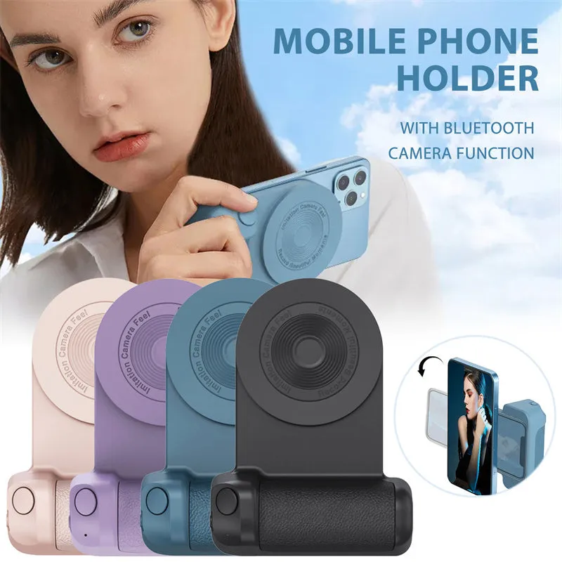 Black magnetic phone camera holder with rotatable bracket and ergonomic leather handle on a table.