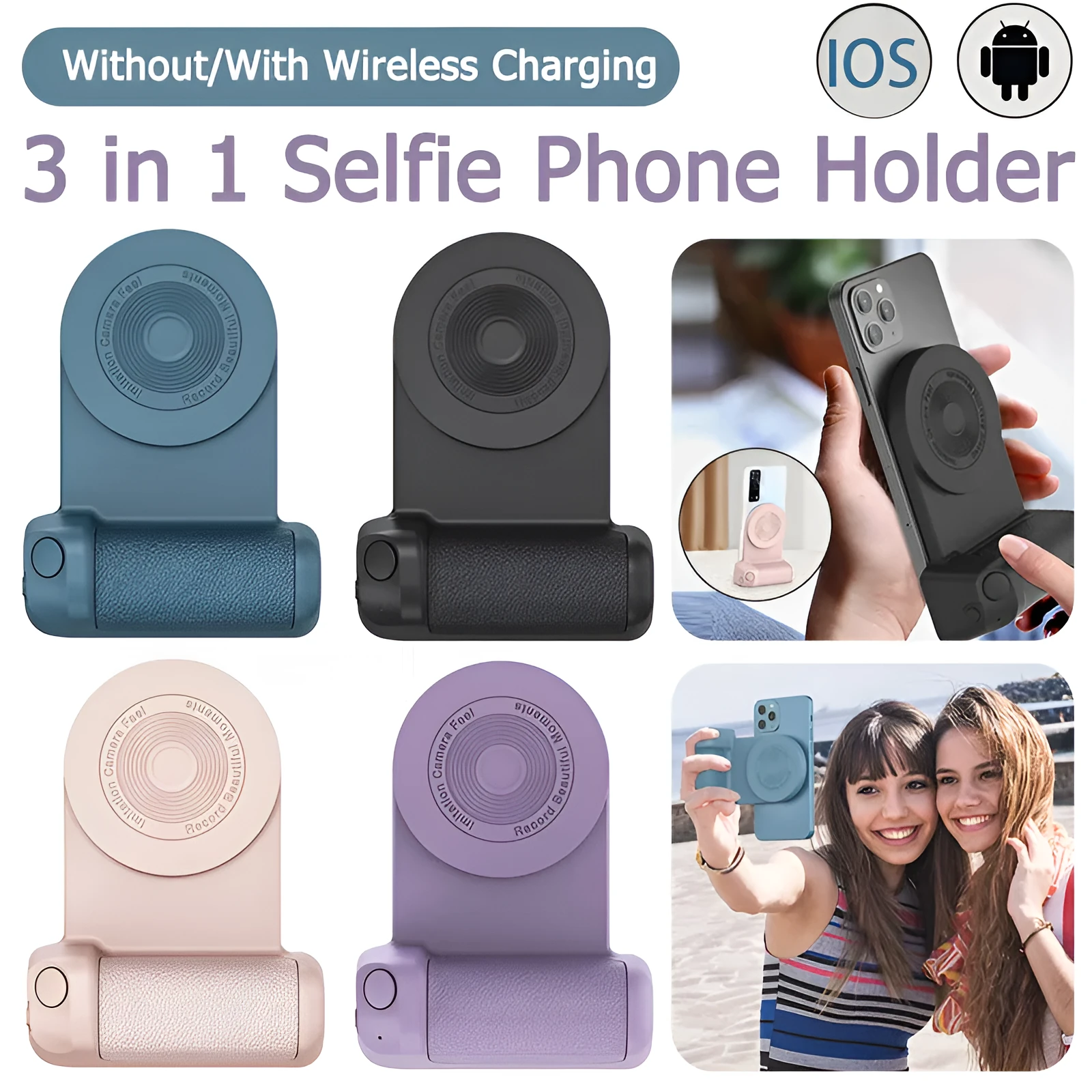 Black magnetic phone camera holder with rotatable bracket and ergonomic leather handle on a table.