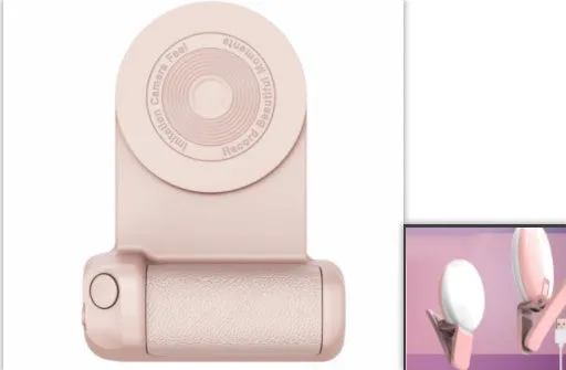 Black magnetic phone camera holder with rotatable bracket and ergonomic leather handle on a table.