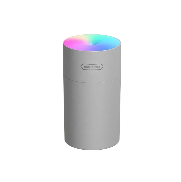 Pink, white, and navy blue USB mini silent humidifier with LED lights on a desk