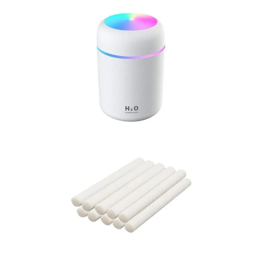 Pink, white, and navy blue USB mini silent humidifier with LED lights on a desk