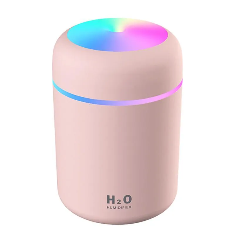 Pink, white, and navy blue USB mini silent humidifier with LED lights on a desk
