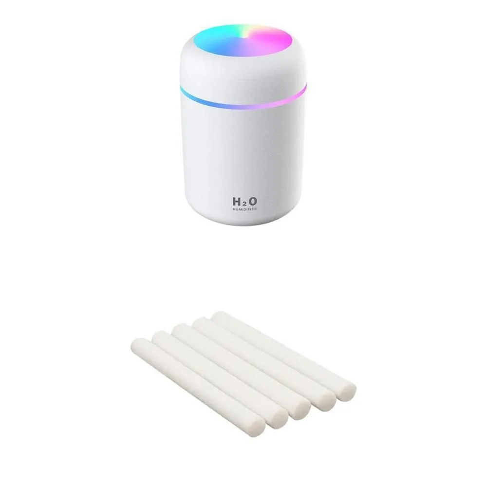 Pink, white, and navy blue USB mini silent humidifier with LED lights on a desk