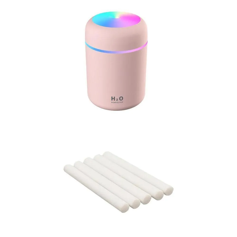 Pink, white, and navy blue USB mini silent humidifier with LED lights on a desk