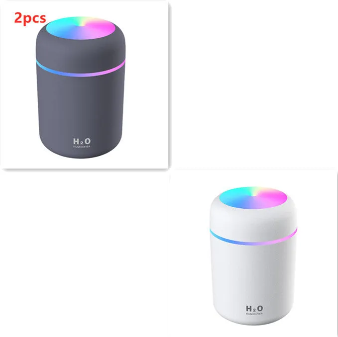 Pink, white, and navy blue USB mini silent humidifier with LED lights on a desk