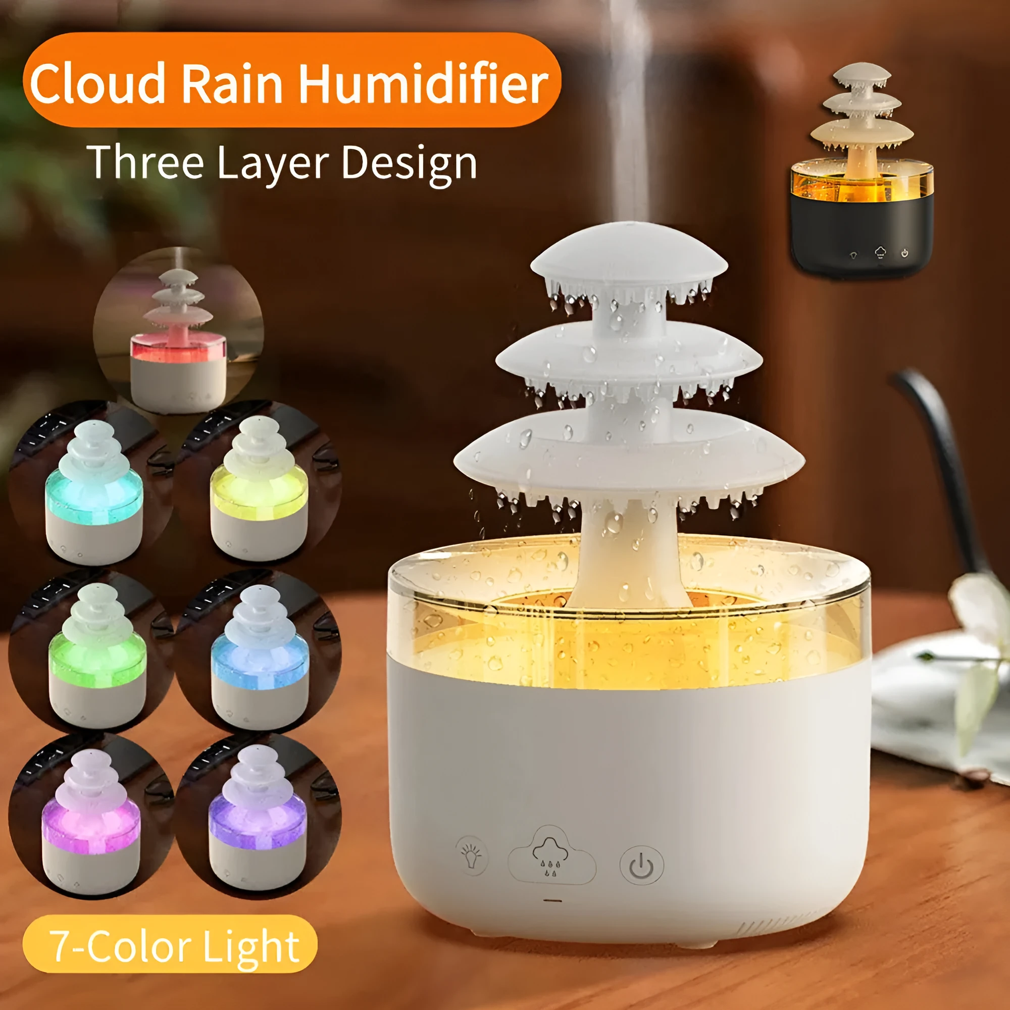 White cloud rain air humidifier and essential oil diffuser with colourful lights on wooden table