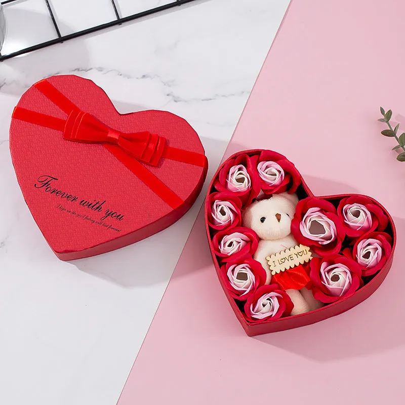 Red heart-shaped gift box containing natural soap roses for Valentine's Day or Mother's Day gifts