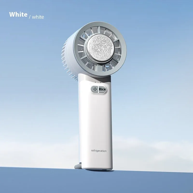 White handheld turbo jet fan with ice cold function showing three blade design and touch controls