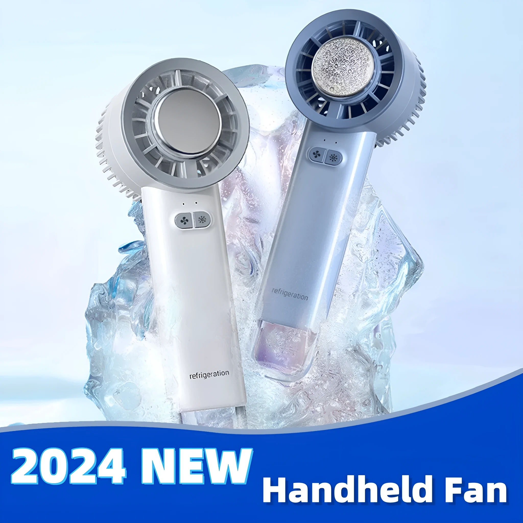 White handheld turbo jet fan with ice cold function showing three blade design and touch controls
