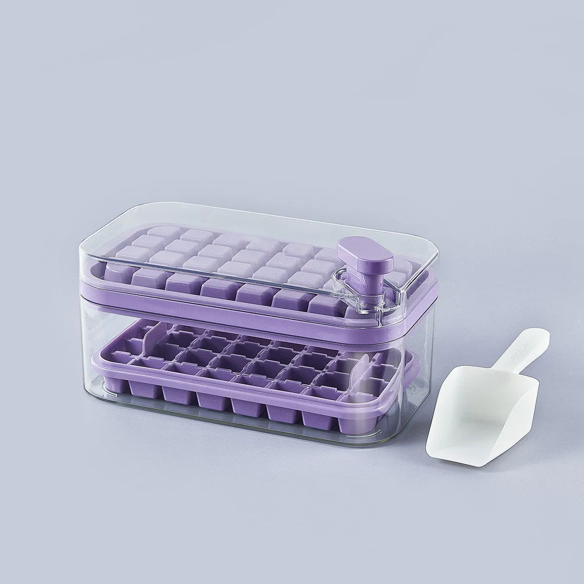Green one-button press ice cube tray mould with transparent lid and storage box
