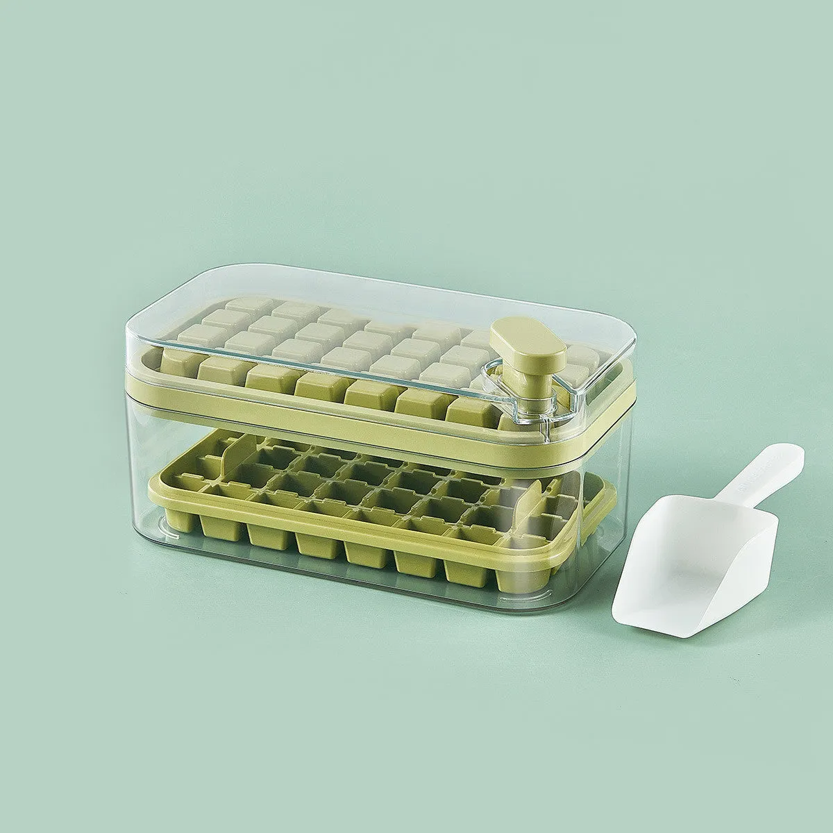 Green one-button press ice cube tray mould with transparent lid and storage box
