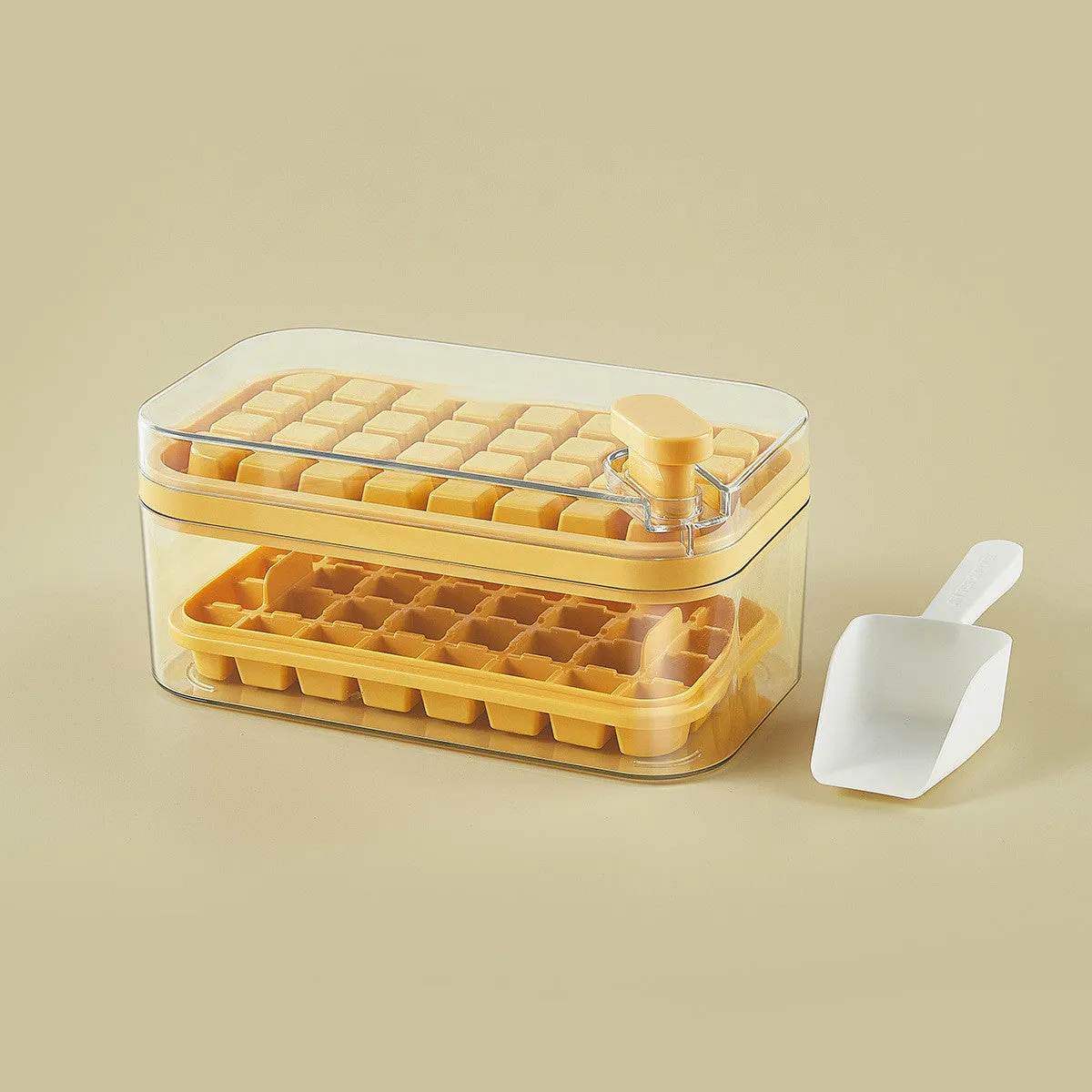 Green one-button press ice cube tray mould with transparent lid and storage box
