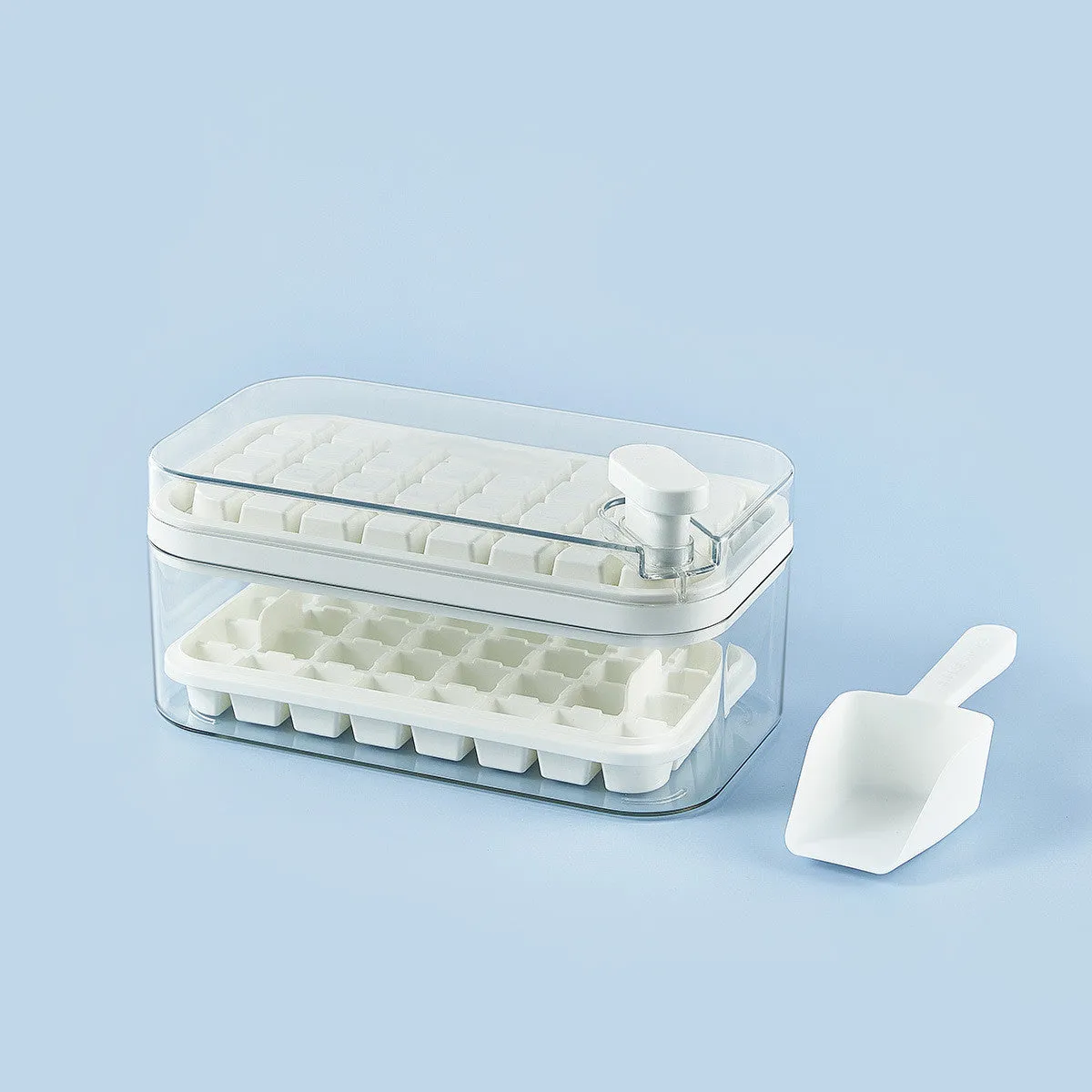 Green one-button press ice cube tray mould with transparent lid and storage box