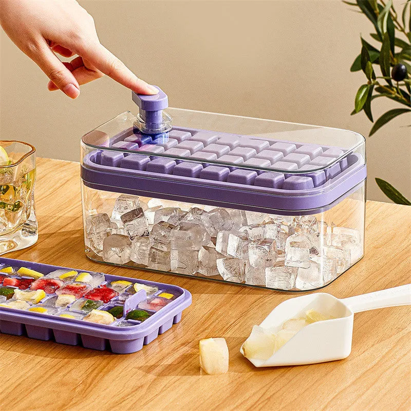 Green one-button press ice cube tray mould with transparent lid and storage box