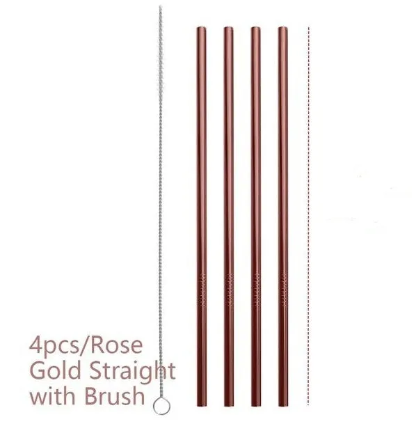 Stainless steel reusable straw set showing straight and bent styles in different diameters with cleaning brush