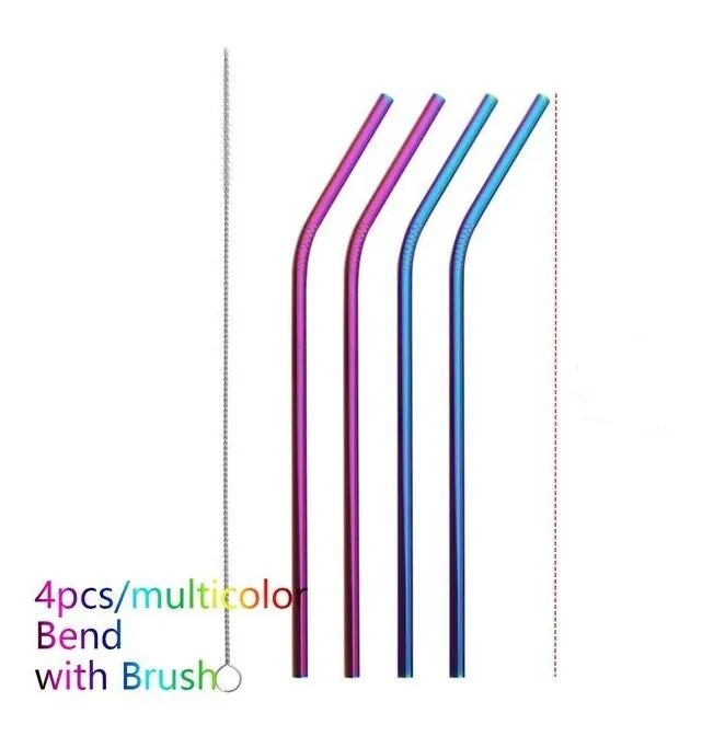 Stainless steel reusable straw set showing straight and bent styles in different diameters with cleaning brush