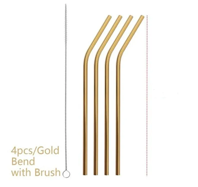Stainless steel reusable straw set showing straight and bent styles in different diameters with cleaning brush