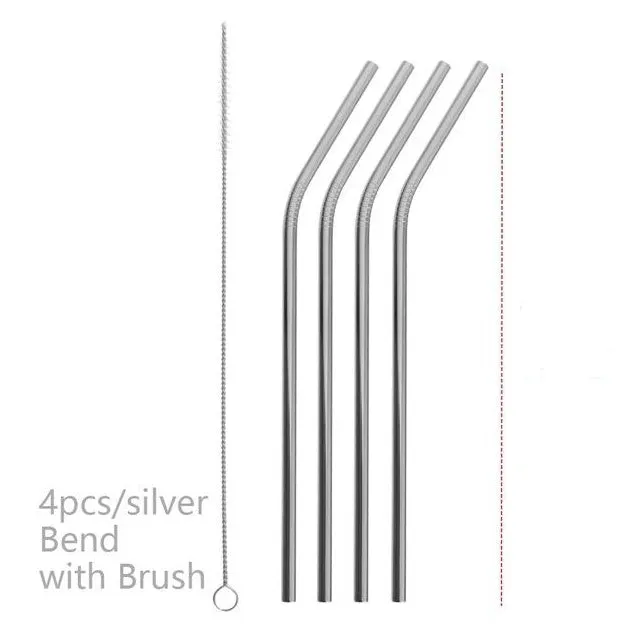 Stainless steel reusable straw set showing straight and bent styles in different diameters with cleaning brush