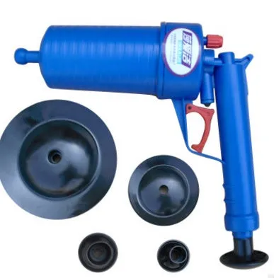 Plastic high-pressure air drain blaster gun with four different sized adaptor suckers for unclogging sinks and toilets.