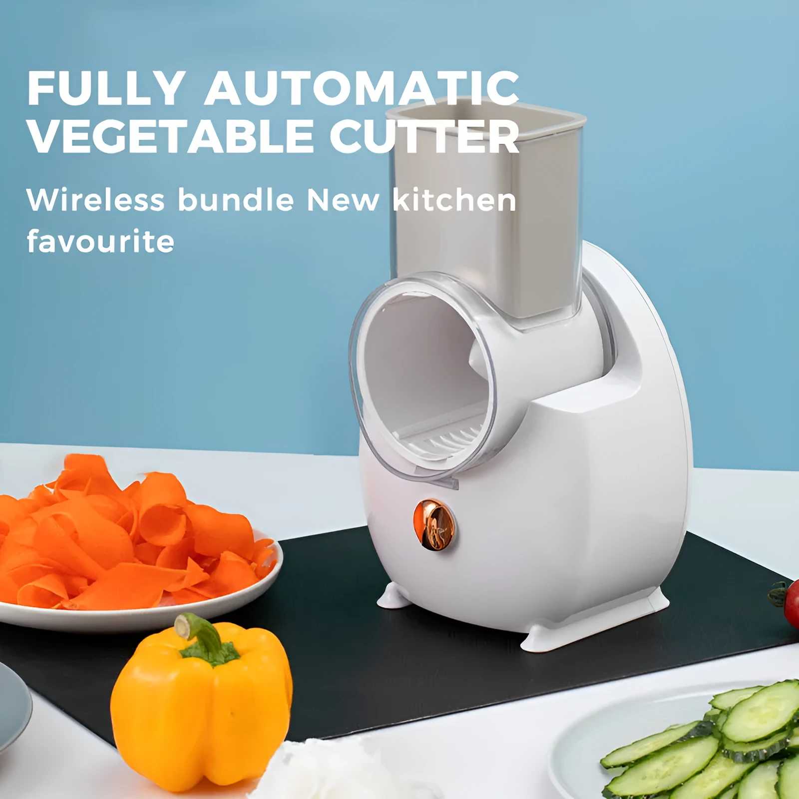 White electric vegetable slicer with rotary grater, feeding port, and multiple blade options on kitchen counter