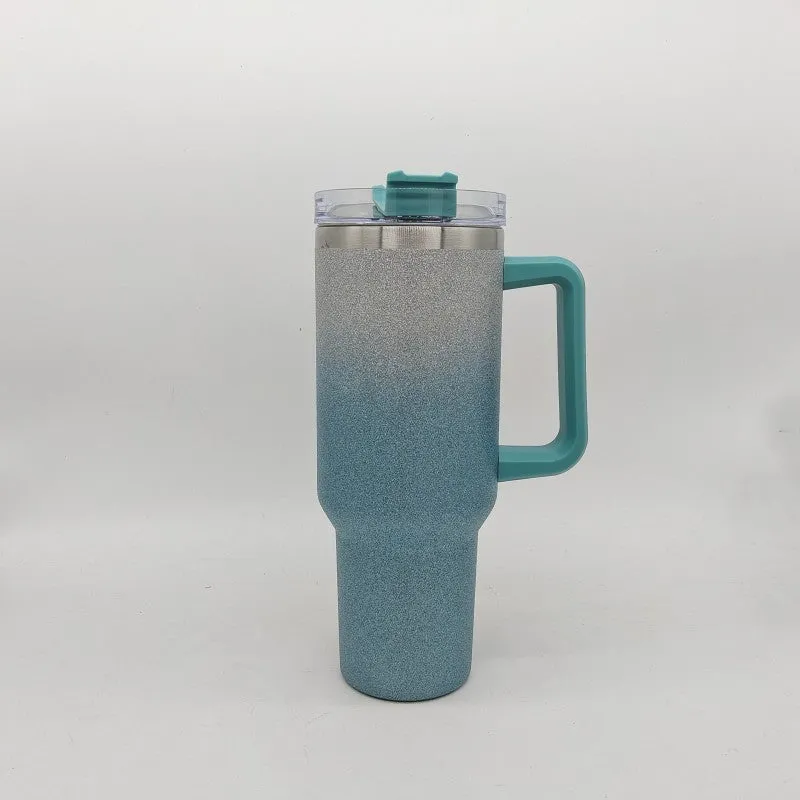 Stainless steel vacuum insulation cup in rainbow gradient colours showing double-layer construction