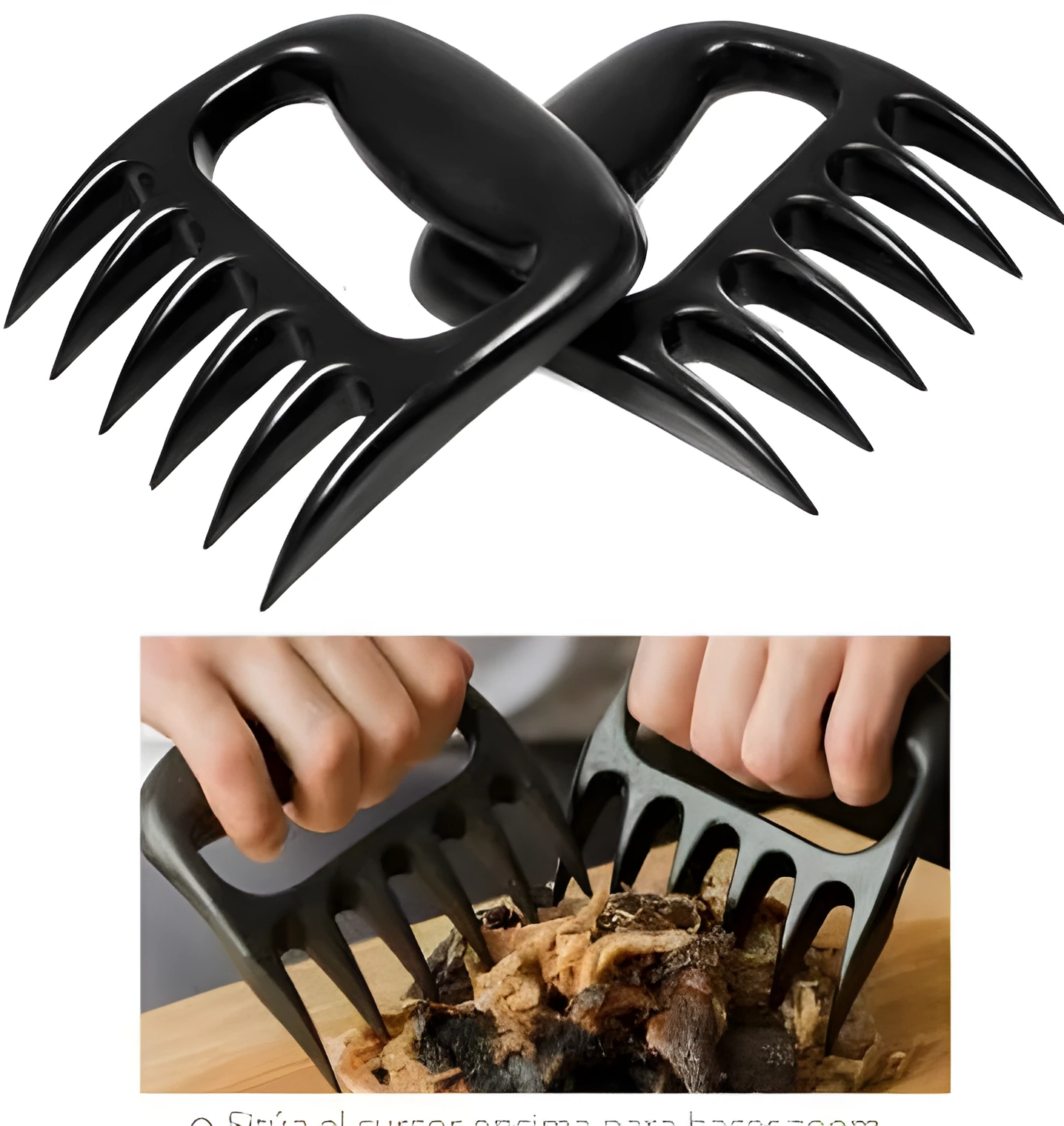 Two black bear claw meat shredders for BBQ preparation on a kitchen counter.