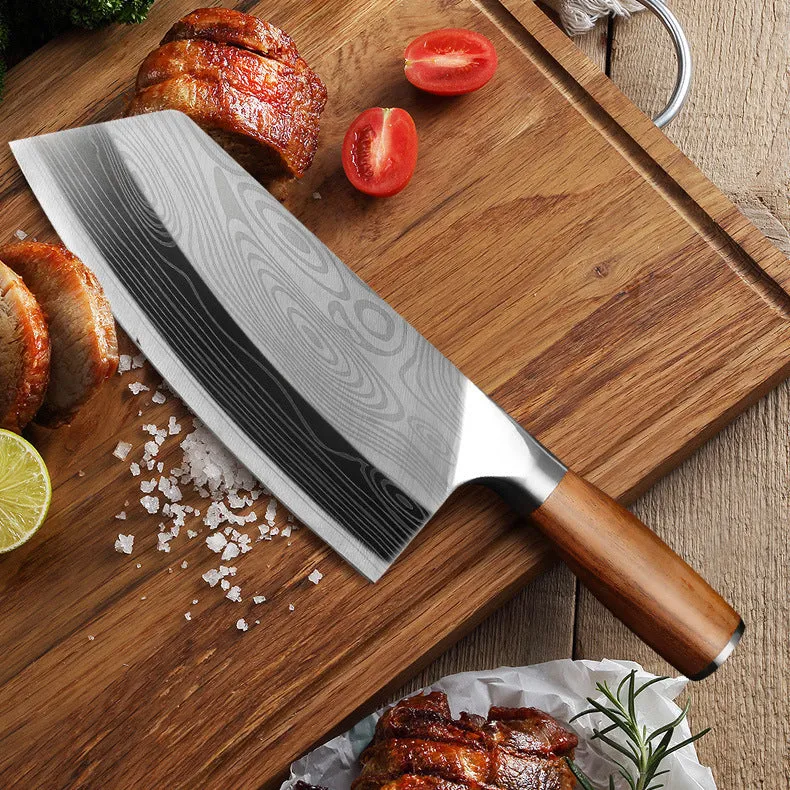 320mm long stainless steel kitchen knife with a 40cr13 blade on a kitchen counter.