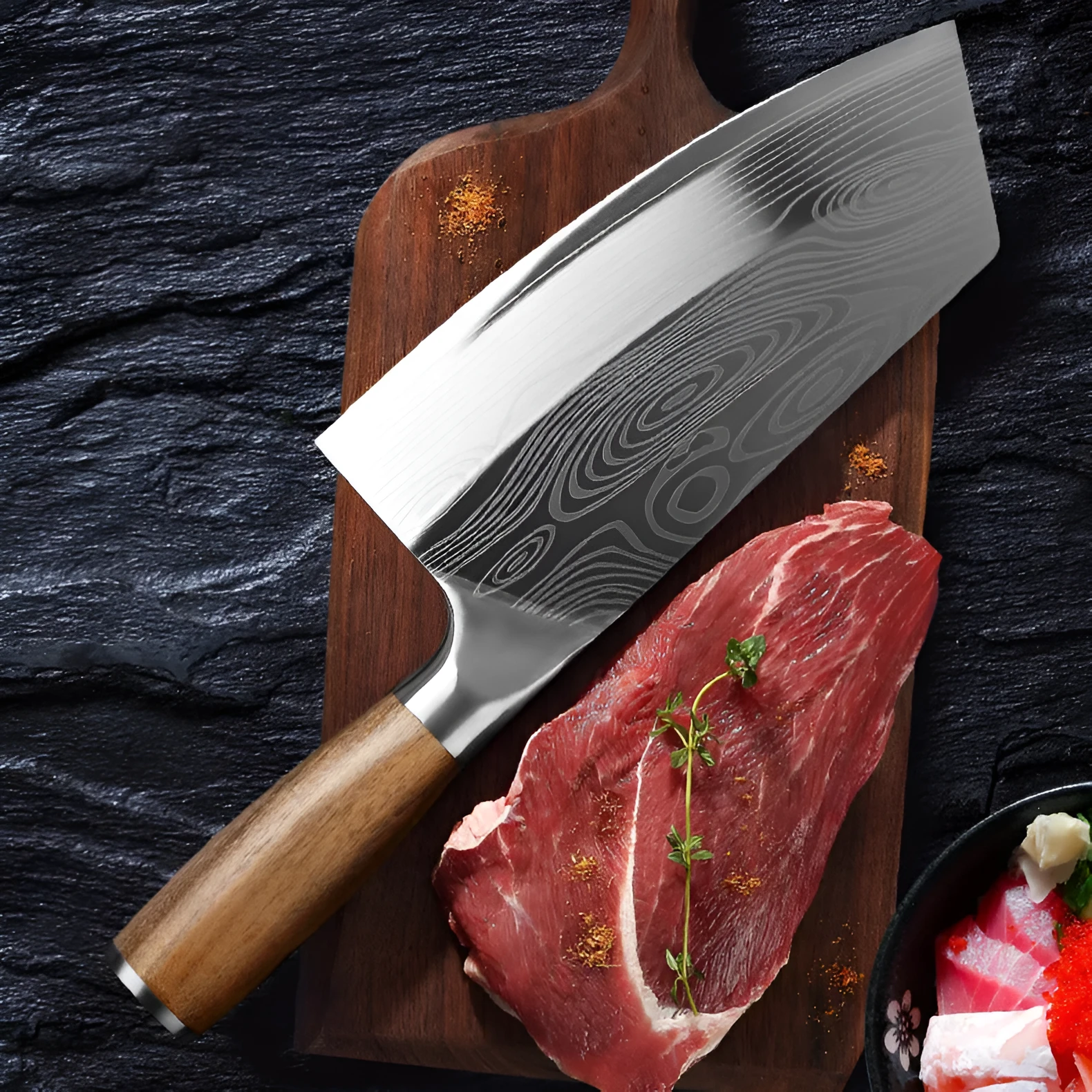 320mm long stainless steel kitchen knife with a 40cr13 blade on a kitchen counter.