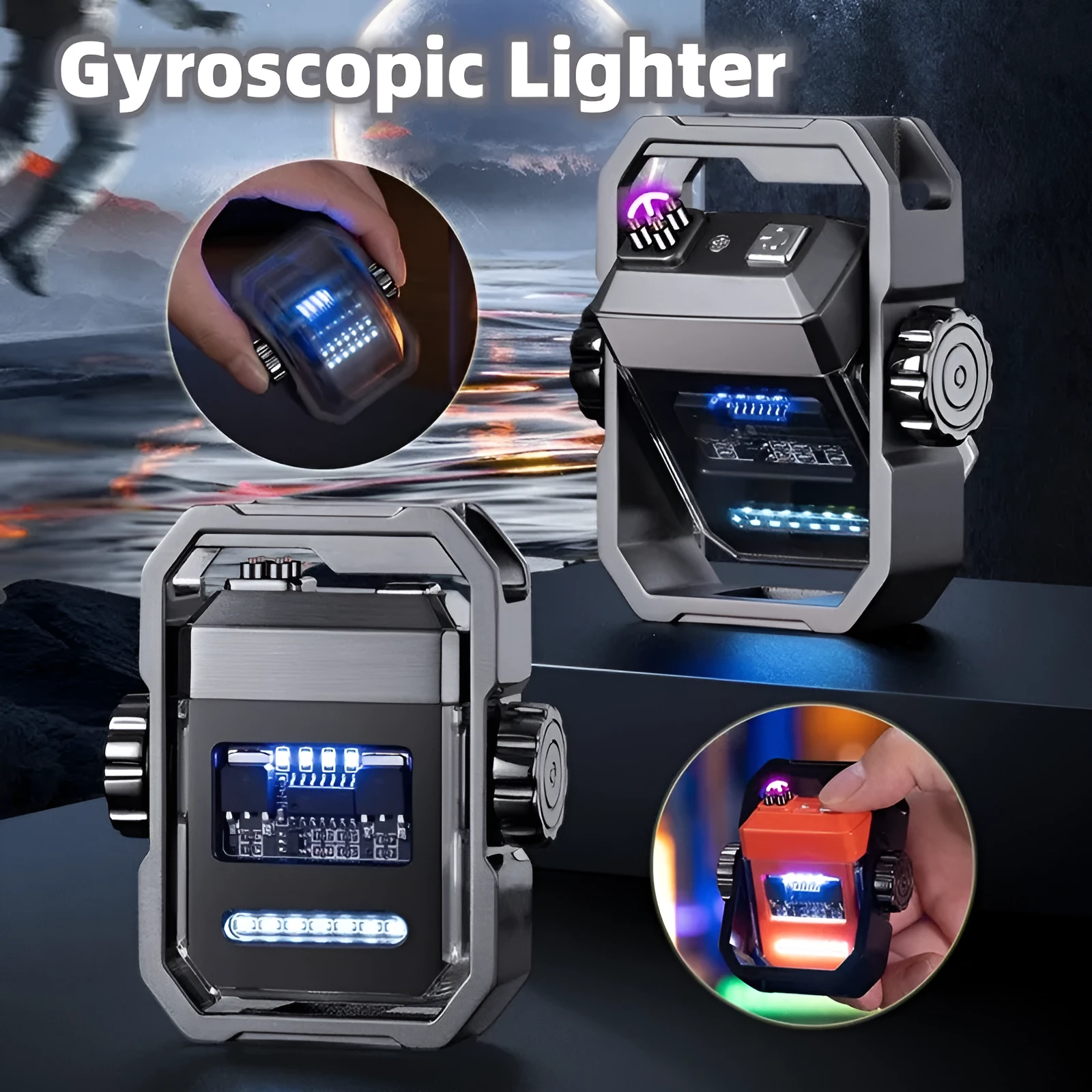 Zinc alloy windproof double arc electric lighter with folding body and rotary gyroscope in five colours blue orange black nickel