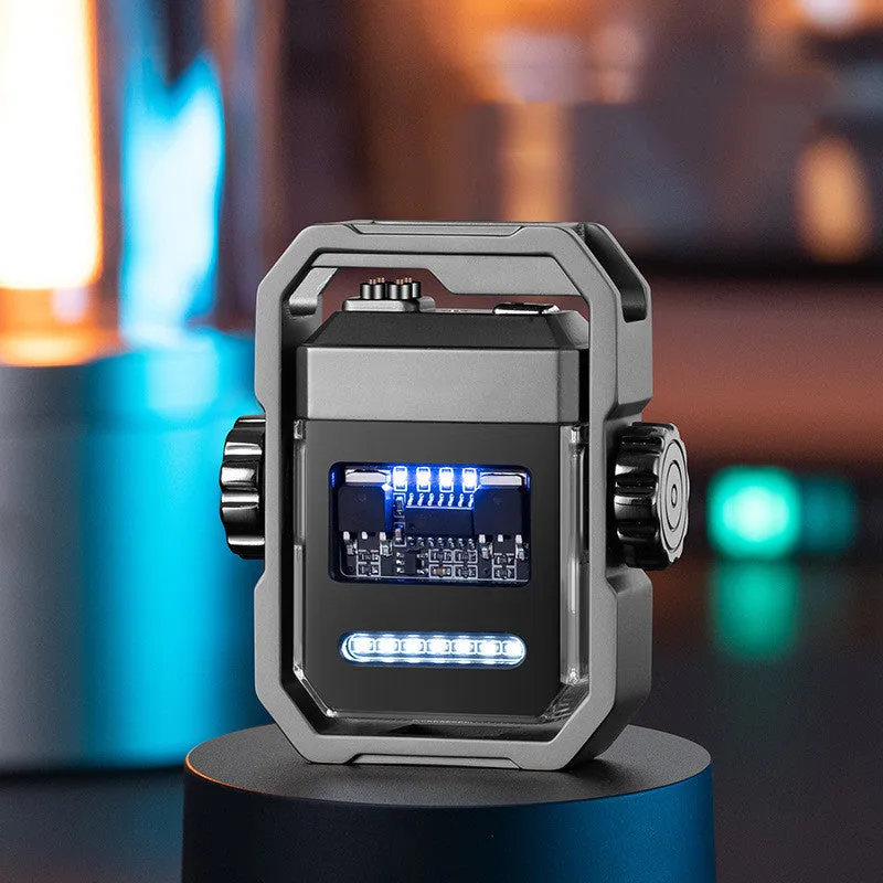 Zinc alloy windproof double arc electric lighter with folding body and rotary gyroscope in five colours blue orange black nickel