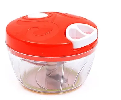 Green manual food chopper with three stainless steel blades and a 500ml plastic container.