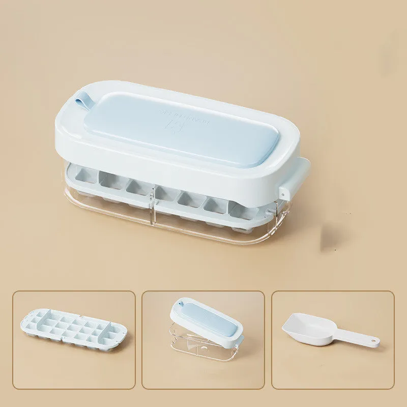 High-capacity plastic ice cube tray grid in blue colour with an ice shovel stored in its side compartment.