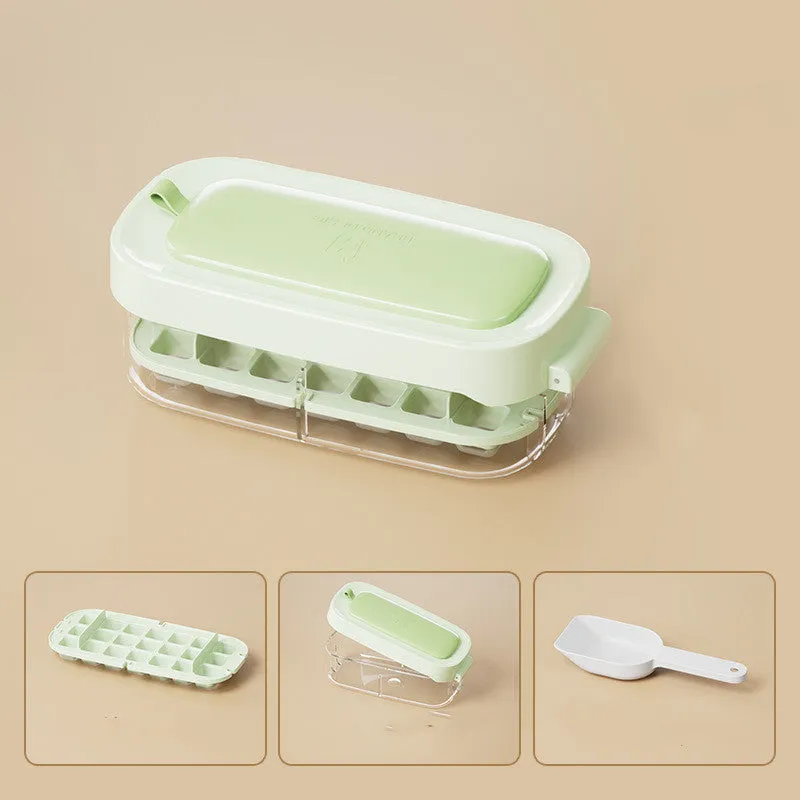 High-capacity plastic ice cube tray grid in blue colour with an ice shovel stored in its side compartment.
