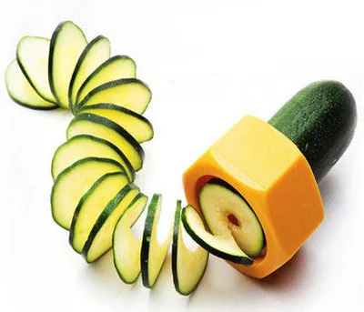 Yellow and green spiral vegetable cutter made from food-grade ABS plastic for cucumbers
